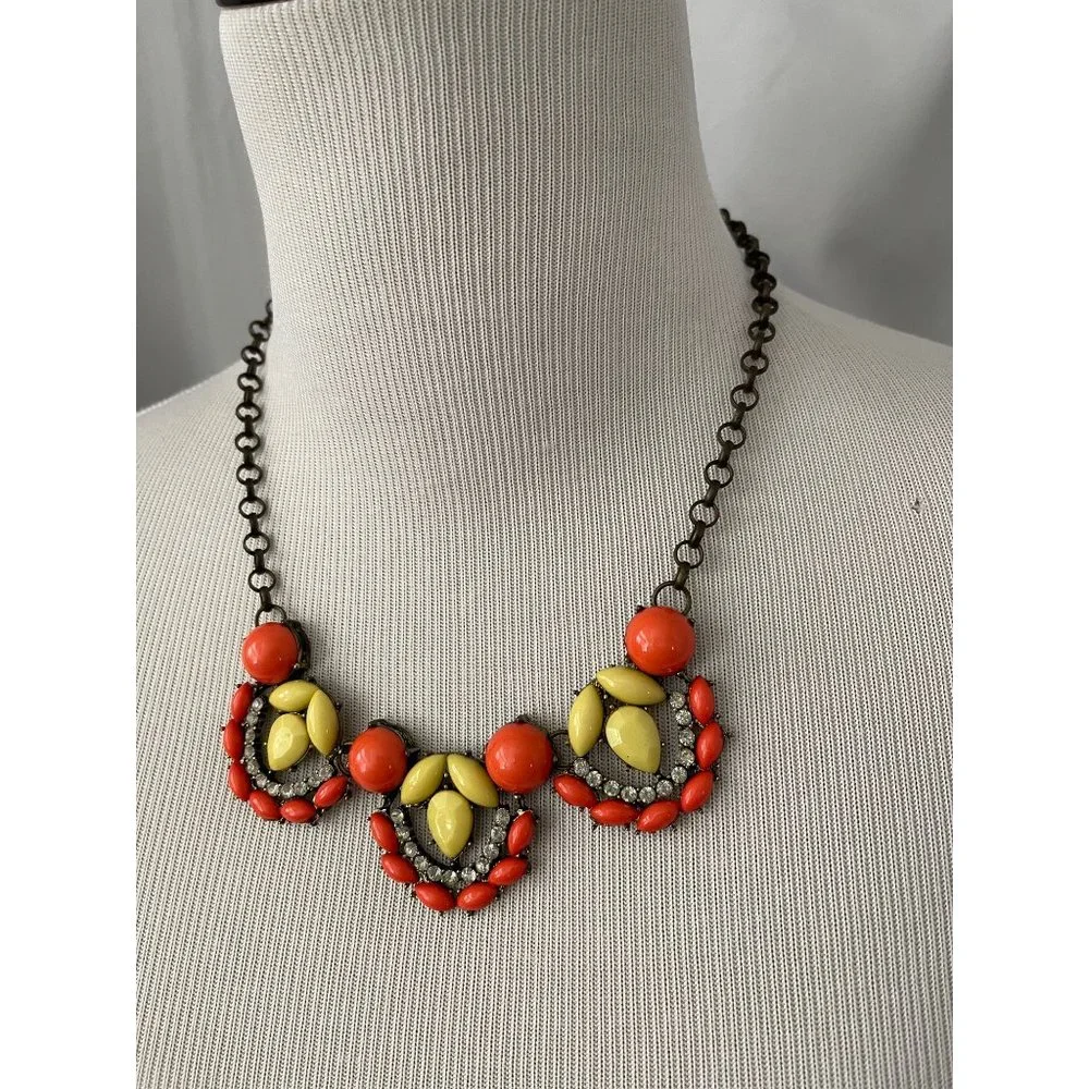 Vintage Coral / Pale Yellow Faux Gem and Rhinestone Bling Statement Necklace - Picture 3 of 12